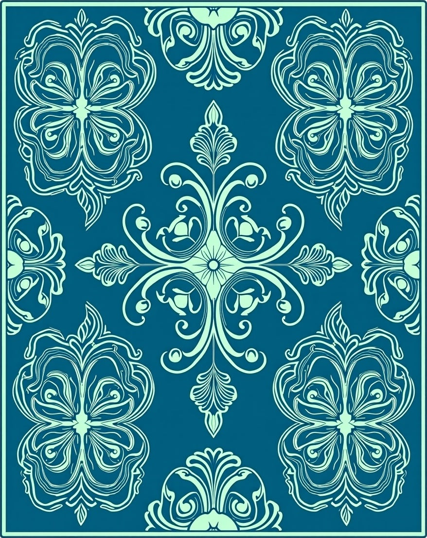 Intricate Teal Lace Floral Pattern Rug
