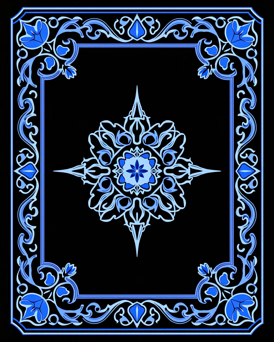 Intricate Blue Floral Medallion Frame Design Rug
