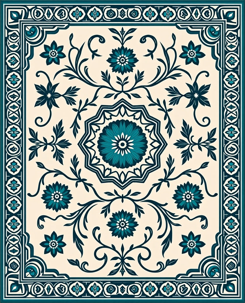 Teal Floral Swirl Traditional Inspired Rug