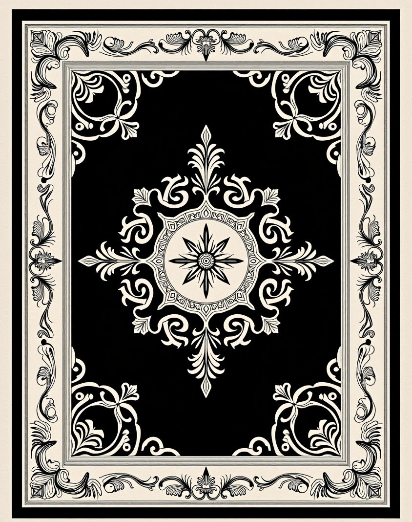 Ornate Black Cream Scrollwork Rug