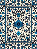 Intricate Blue Floral Cream Scrollwork Design Rug
