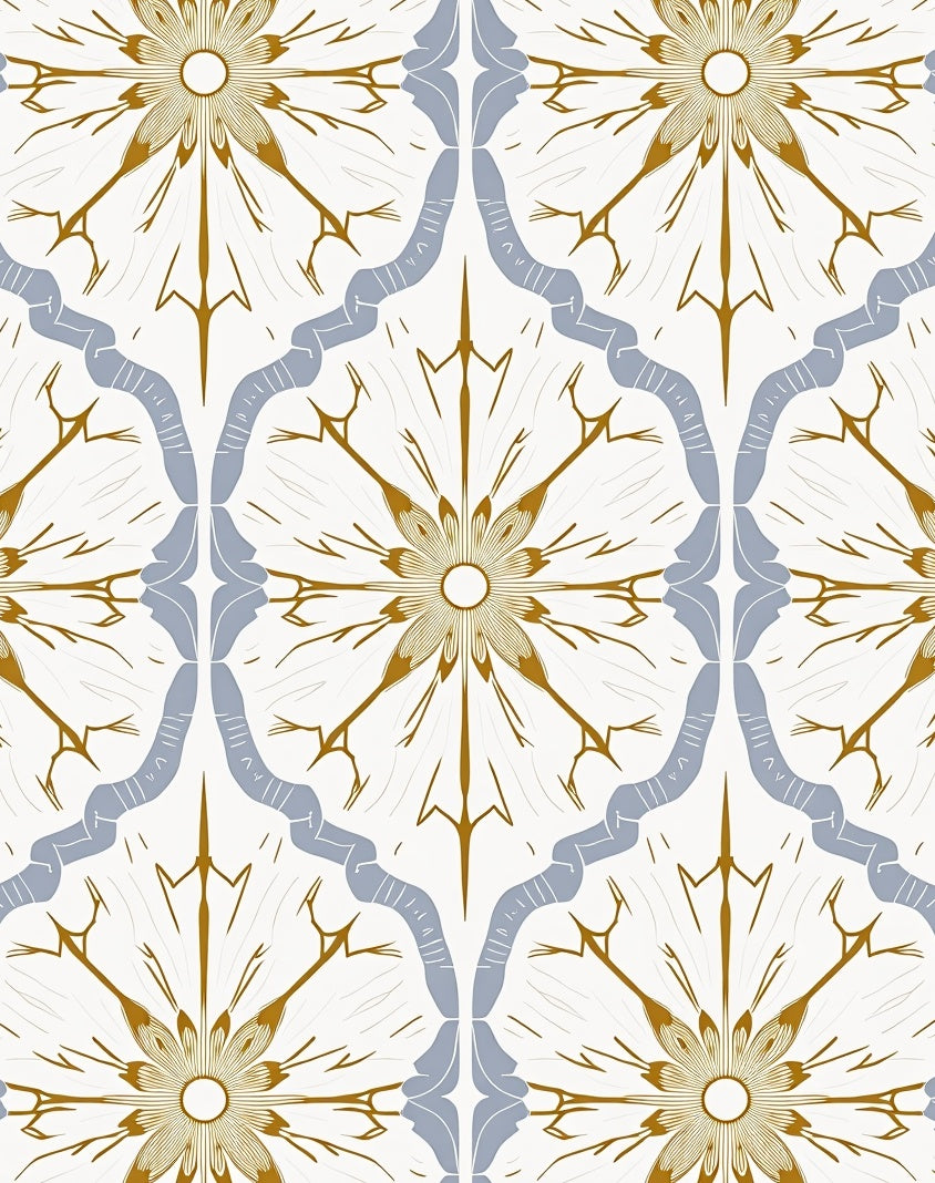 Gold Blue Floral Lattice Tile Rug