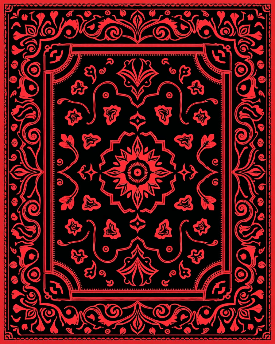Bold Red Black Floral Tapestry Rug