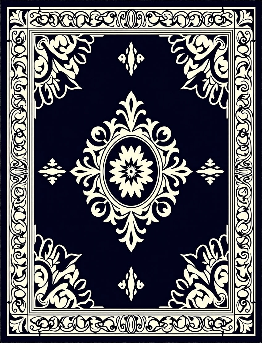 Classic Black Cream Floral Motif Rug