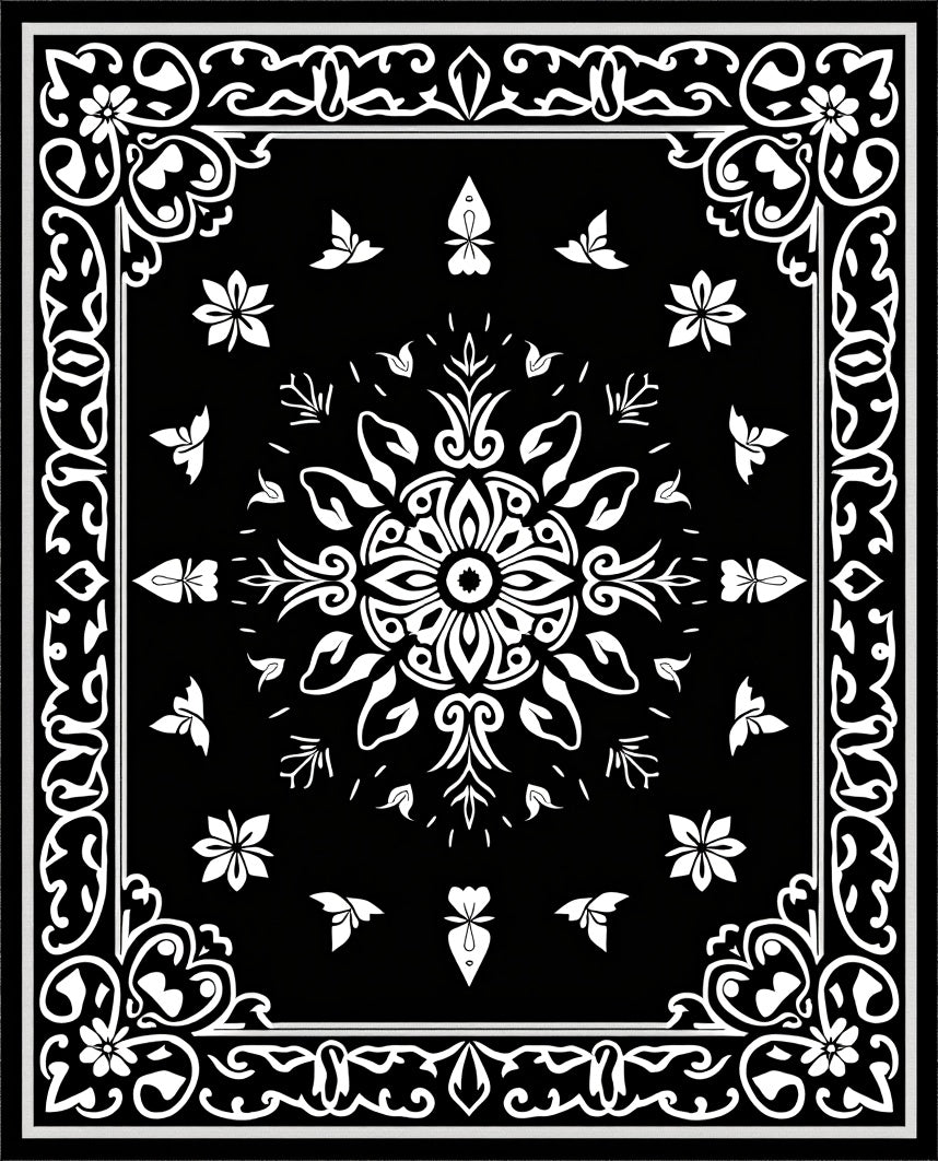 Black White Floral Mandala Design Rug
