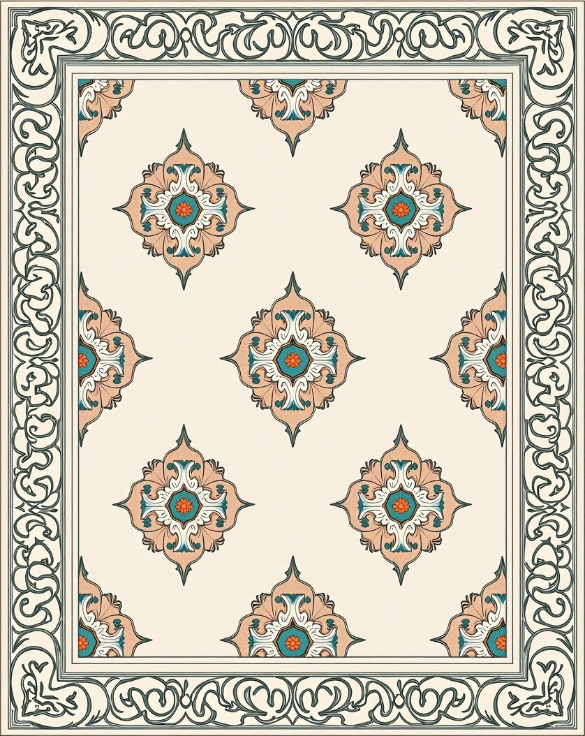 Scroll Border Floral Medallion Pattern Rug