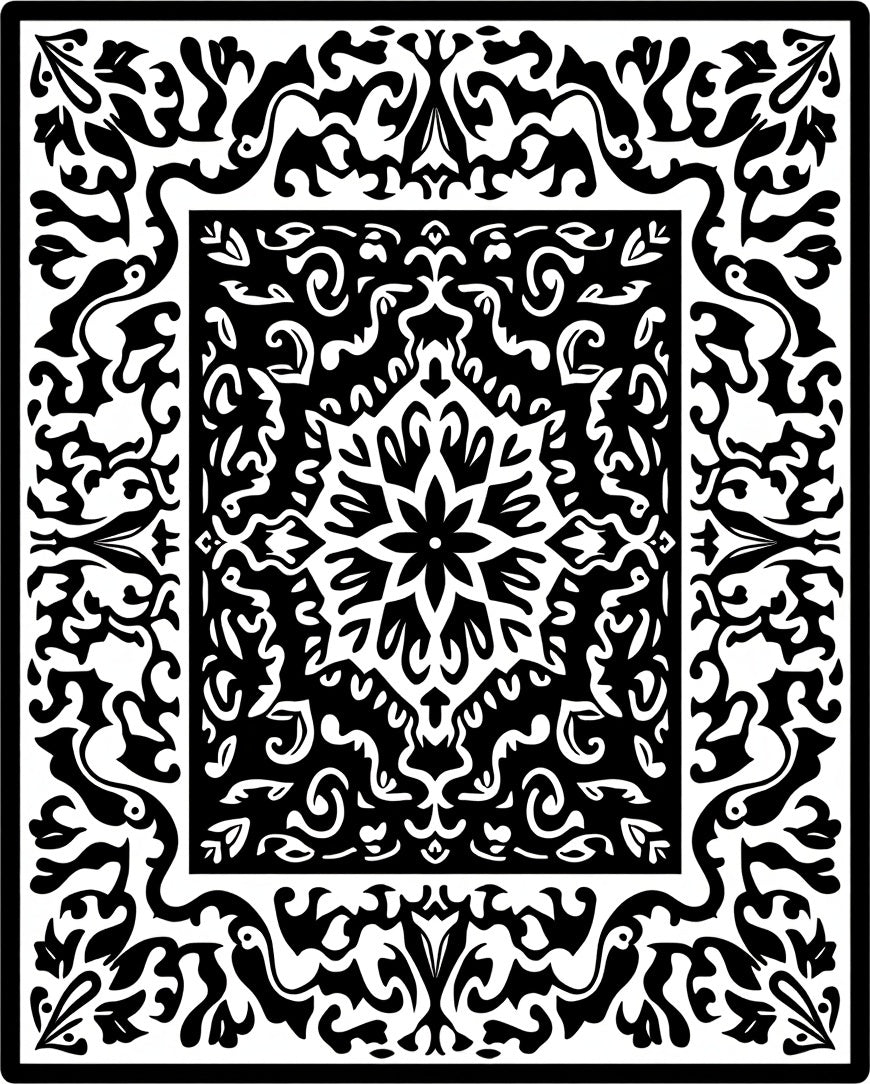 Intricate Floral Mandala Black White Rug