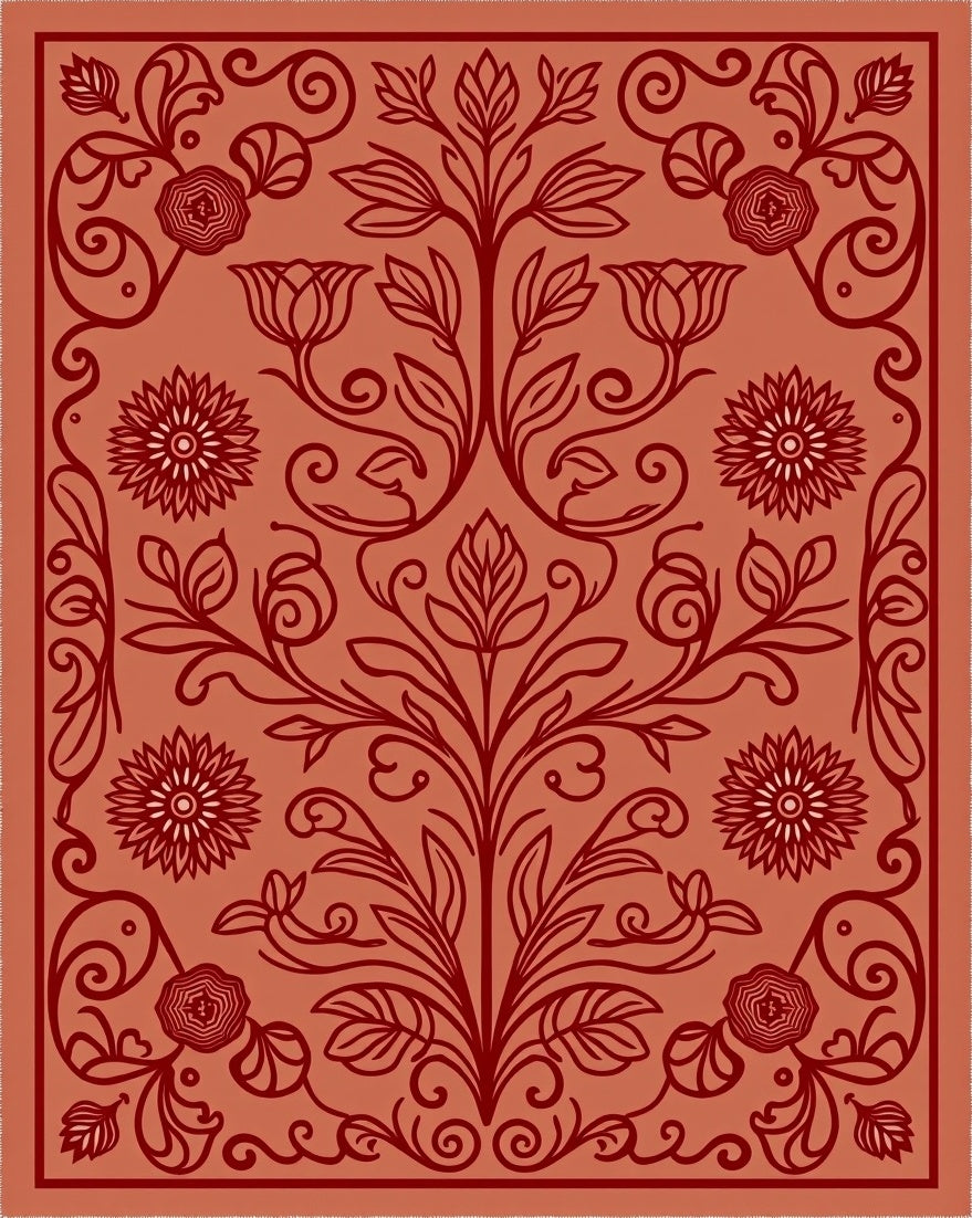 Ornate Coral Floral Vine Pattern Rug