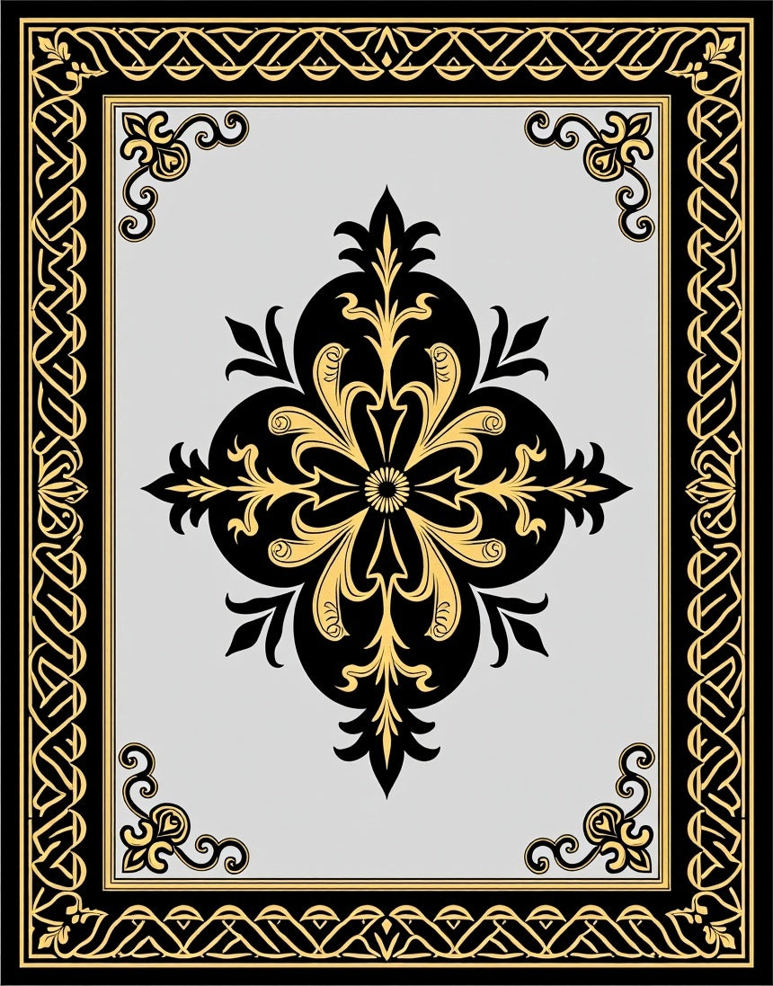 Ornate Black Gold Floral Medallion Rug