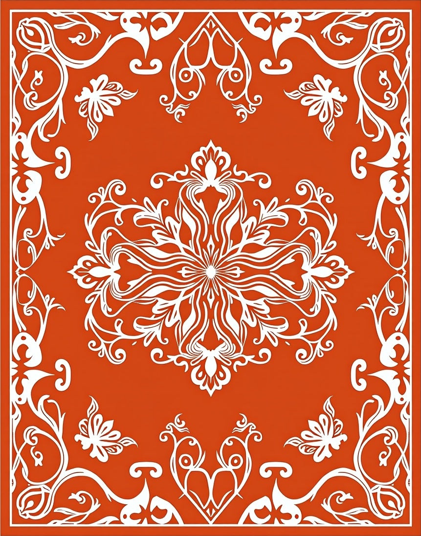 Orange With White Floral Pattern Rug