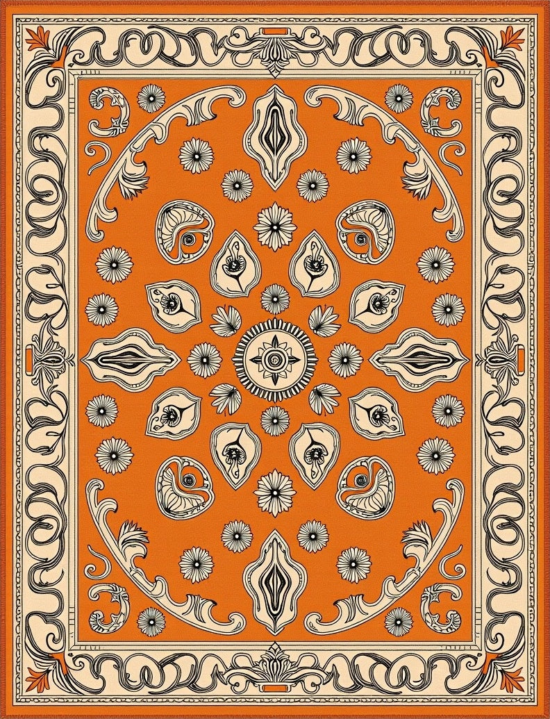 Orange Floral and Abstract Motif Rug