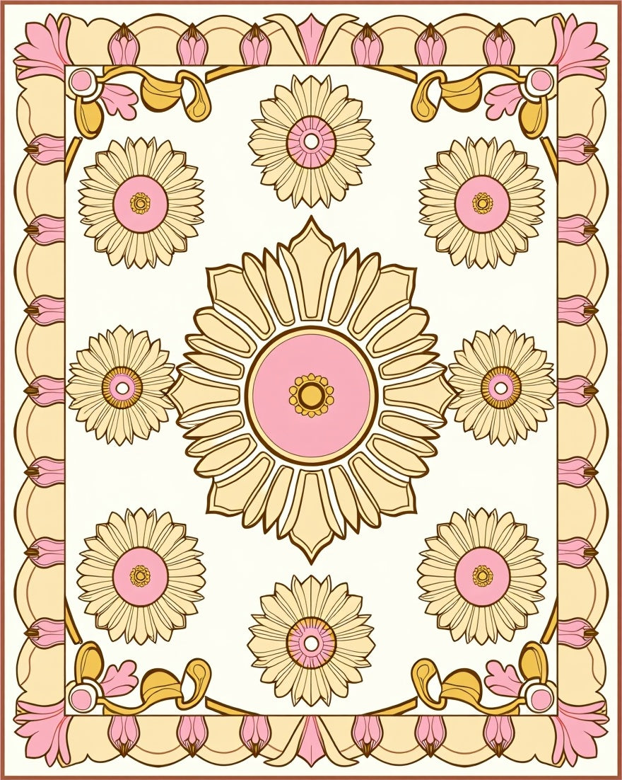 Retro Floral Pink Yellow Sunburst Rug