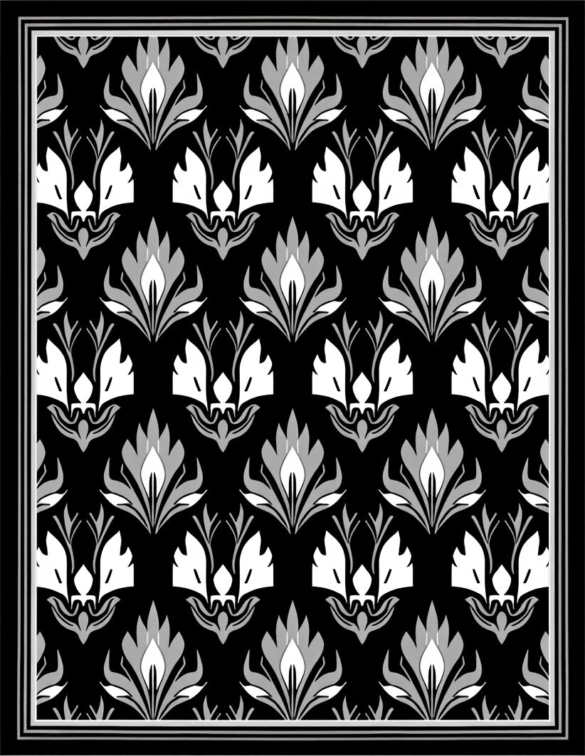 Damask Floral Black White Pattern Rug