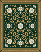 Ornate Green Rose Scroll Work Rug