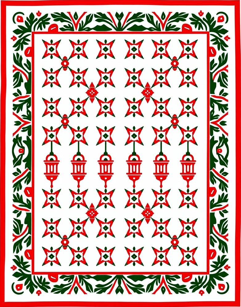 Crimson Lantern Star Floral Border Rug