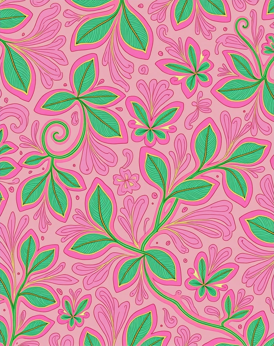 Pink Green Floral Swirl Abstract Rug