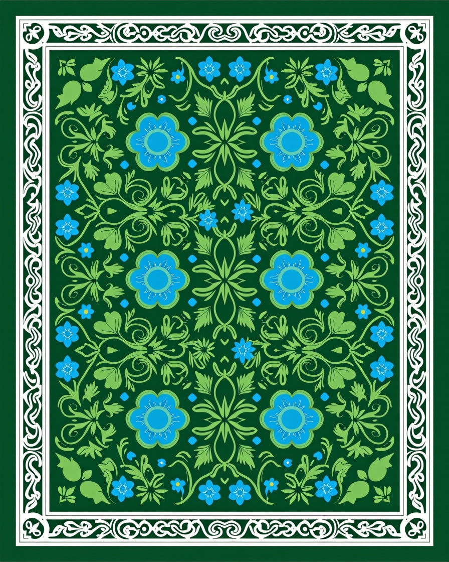 Embroidered Blue Floral Green Garden Rug