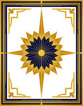 Golden Sunburst With Blue Geometric Border Rug