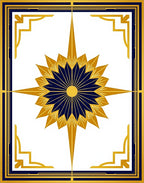 Golden Sunburst With Blue Geometric Border Rug