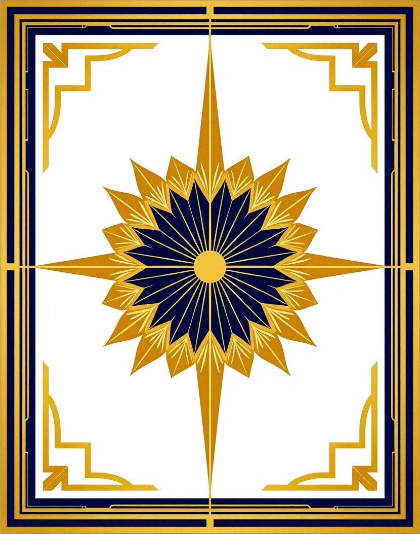Golden Sunburst With Blue Geometric Border Rug