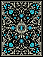 Black Teal Floral Scrollwork Pattern Rug