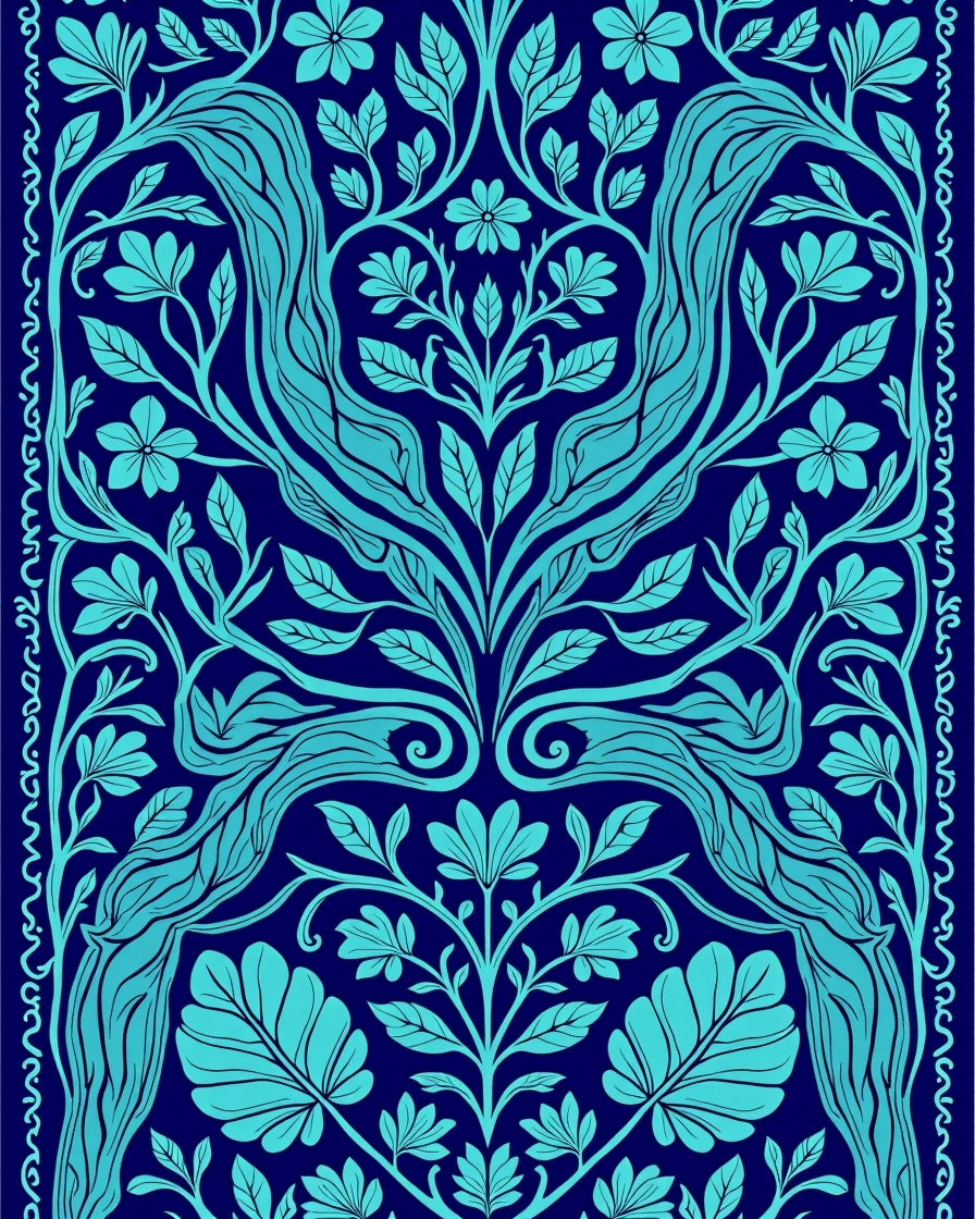 Dark Blue Cyan Floral Vine Pattern Rug