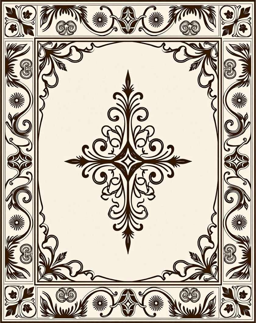 Ornate Scrollwork And Floral Border Design Rug