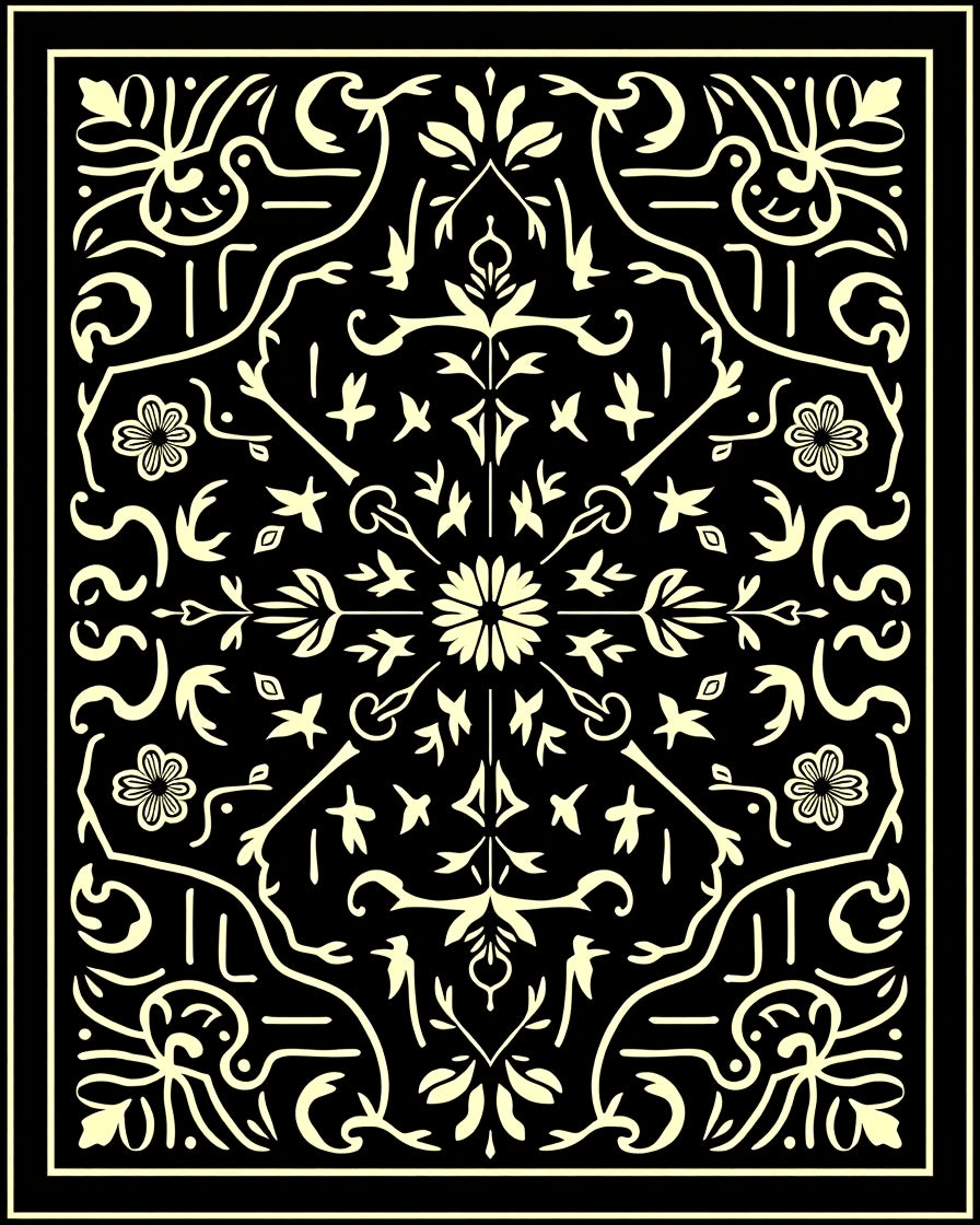 Black Cream Floral Swirl Pattern Rug