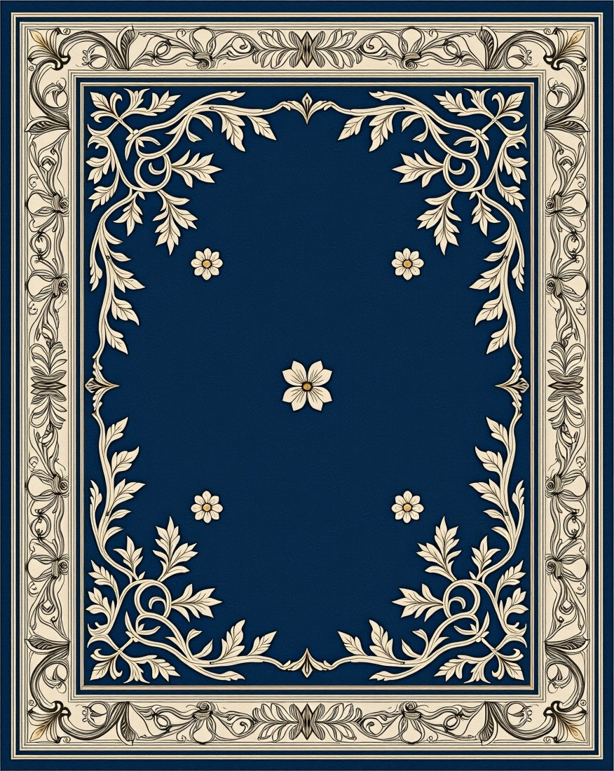 Ornate Navy Floral Patterned Rug