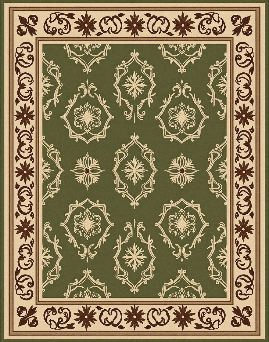 Classic Green Damask Scroll Border Rug