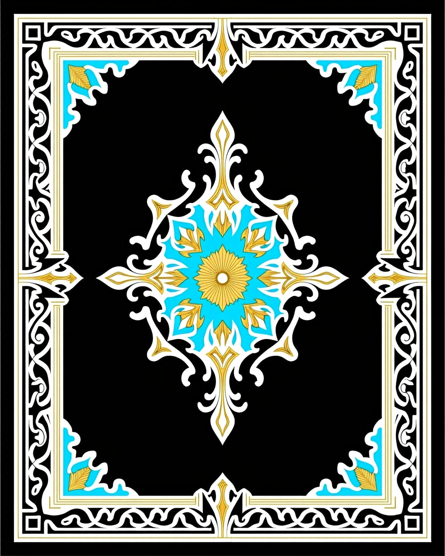 Ornate Black Gold Teal Medallion Pattern Rug
