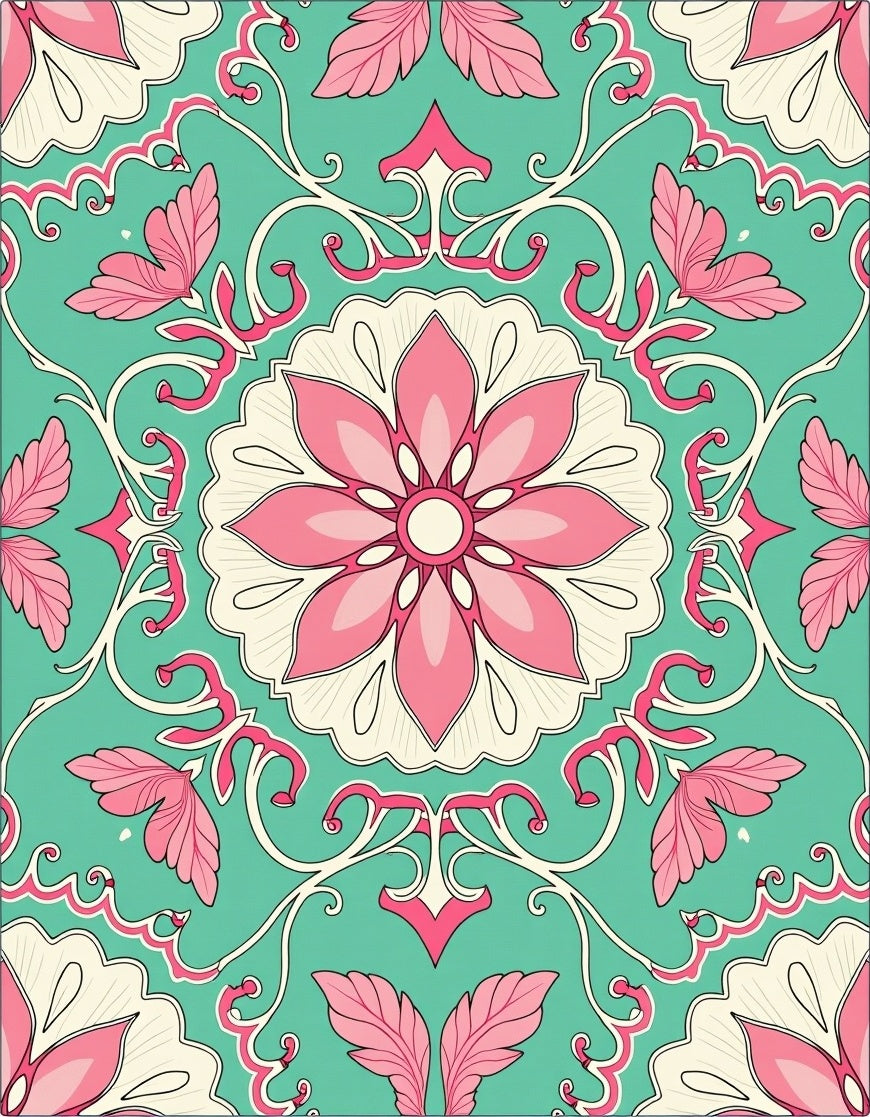 Ornate Pink Floral Vine Design Rug