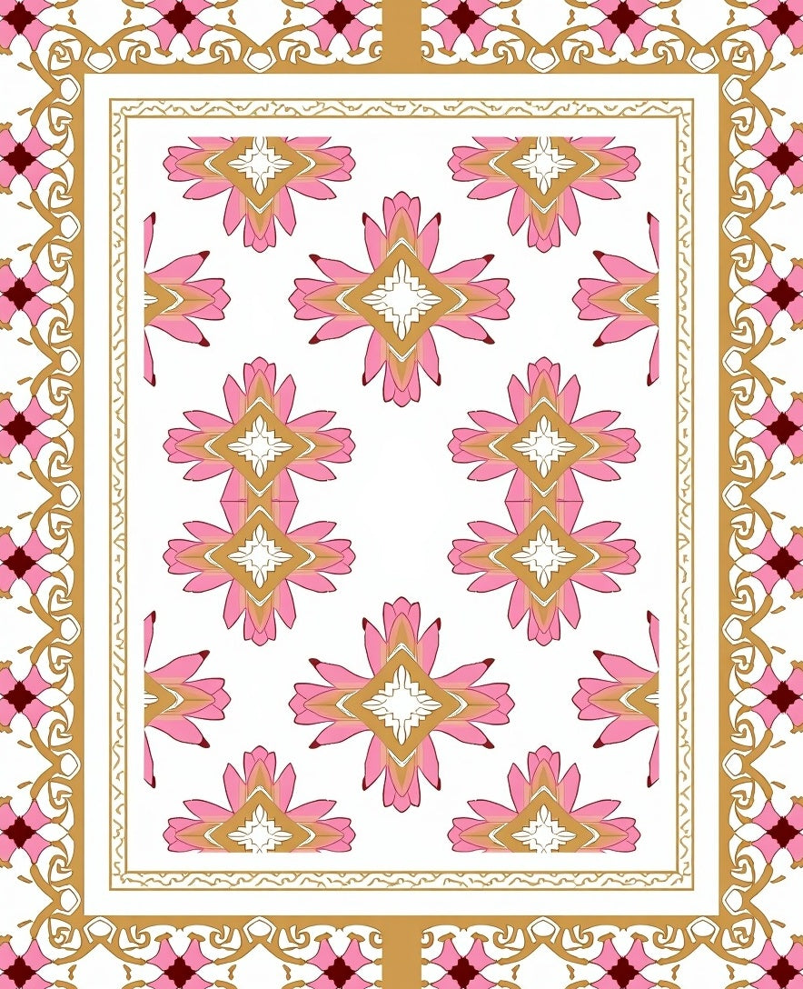 Pink Gold Floral Geometric Pattern Rug