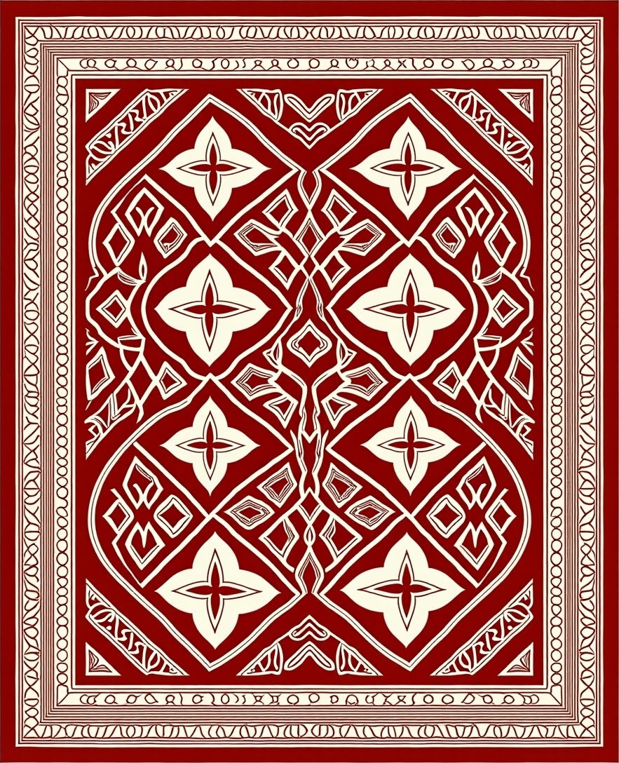 Rich Red Cream Detailed Geometric Rug