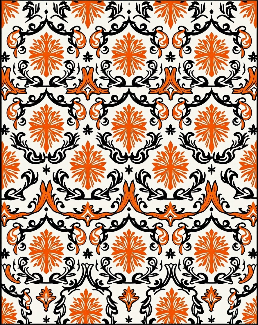 Orange Black Floral Damask Pattern Rug