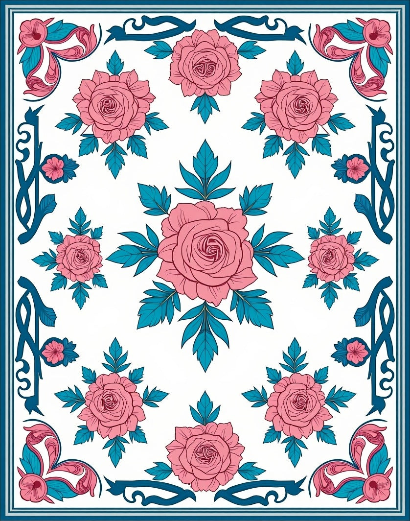 Pink Floral Vine Border Art Rug