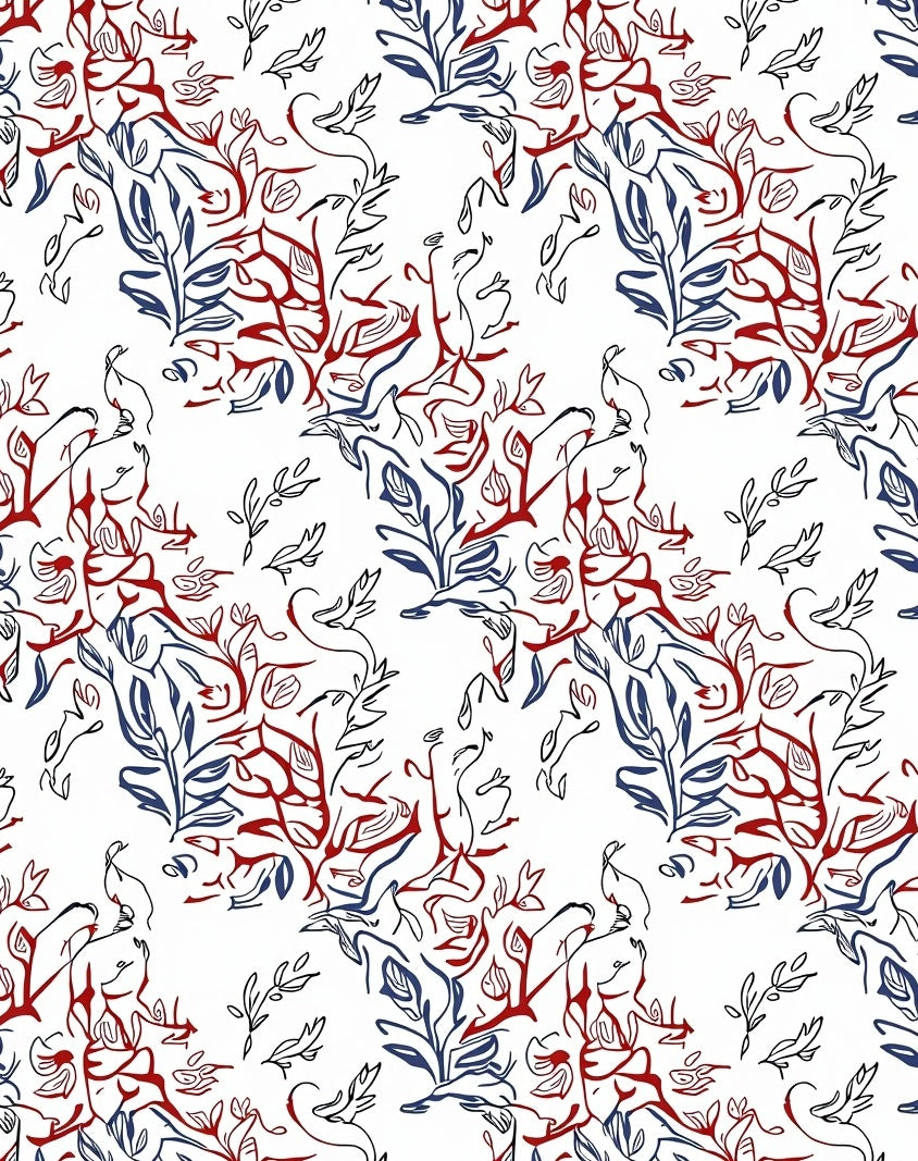 Red Blue Abstract Branch Pattern Rug