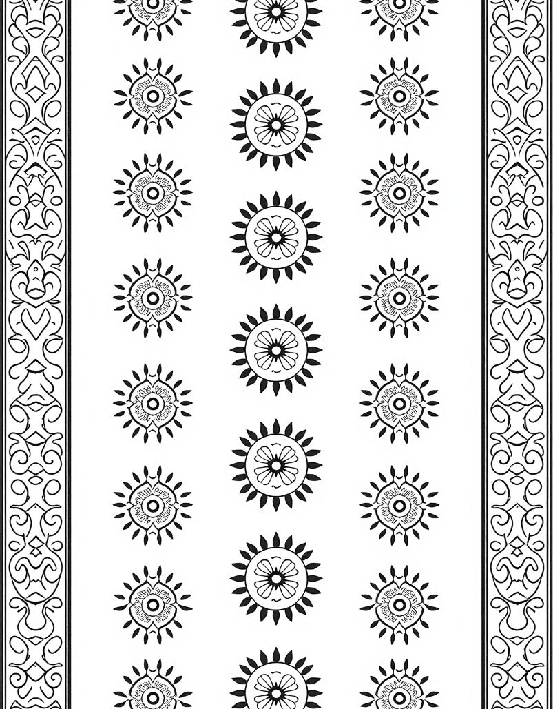 Black White Floral Sunburst Border Rug