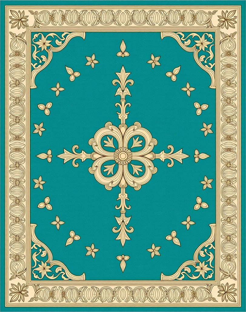 Teal Gold Medallion Floral Border Design Rug