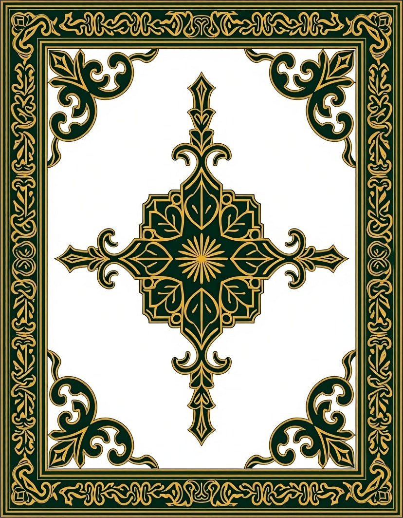 Ornate Dark Green Gold Floral Border Rug