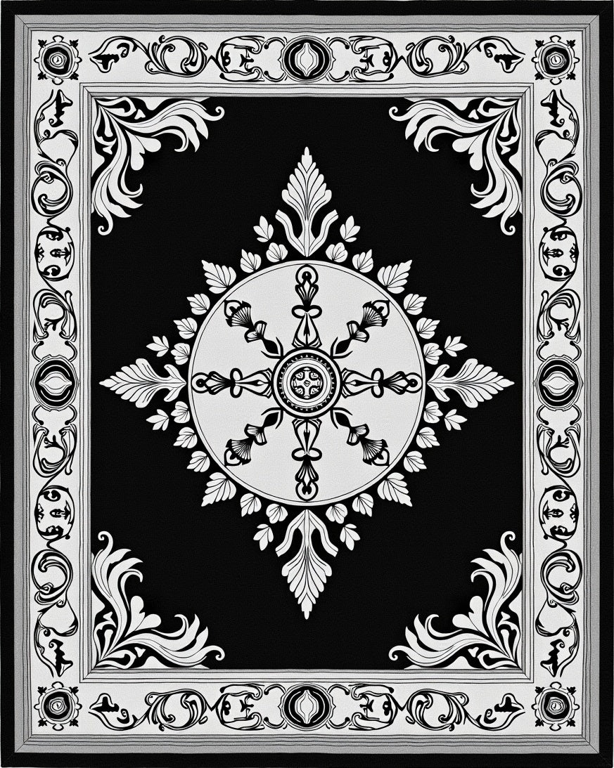 Ornate Black White Mandala Design Rug