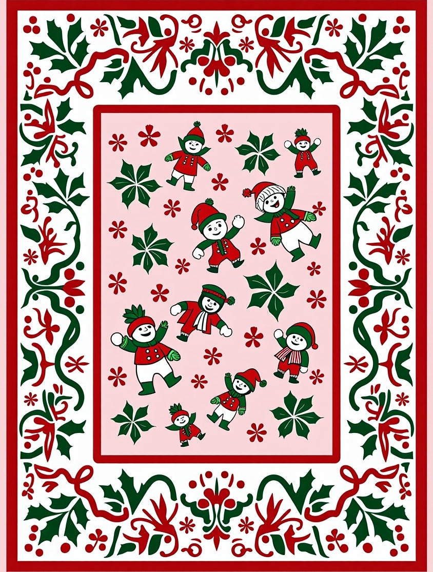 Festive Red Green Christmas Snowman Border Rug