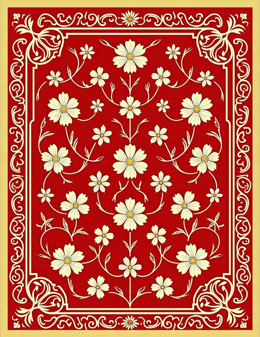 Red Cream Floral Scroll Patterned Rug
