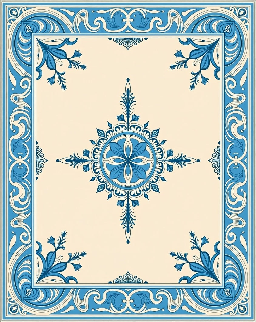 Ornate Blue Floral Symmetry Design Rug