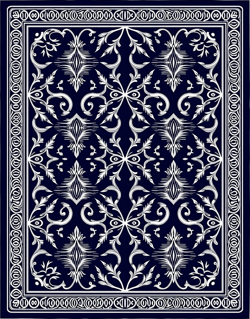 Classic Dark Navy White Floral Pattern Rug
