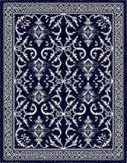 Classic Dark Navy White Floral Pattern Rug