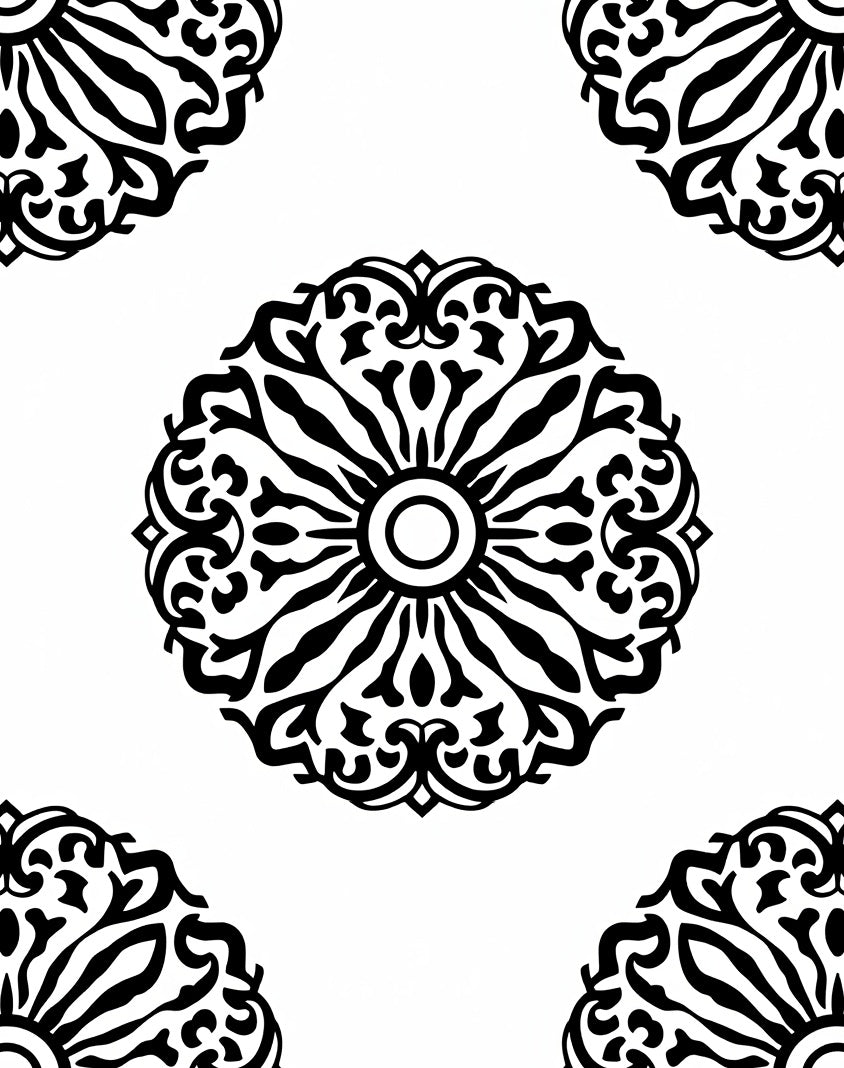 Black White Circular Ornate Pattern Rug