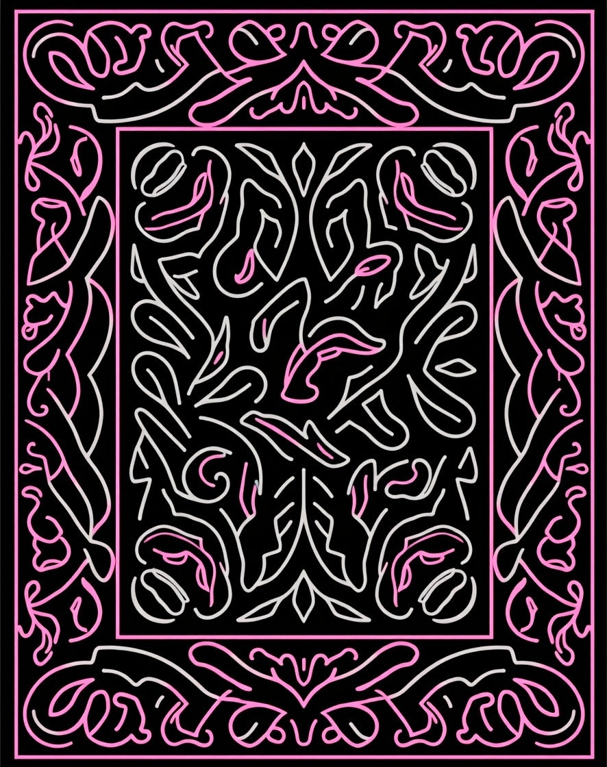 Black Pink Abstract Floral Lines Design Rug