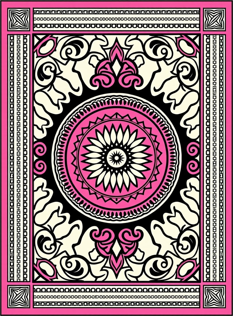 Pink Ivory Black Floral Mandala Pattern Rug