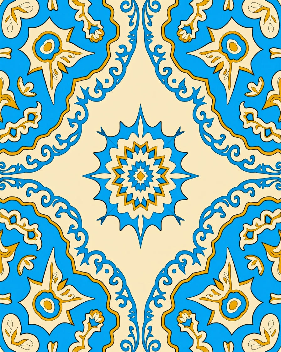 Ornate Blue Gold Floral Medallion Design Rug